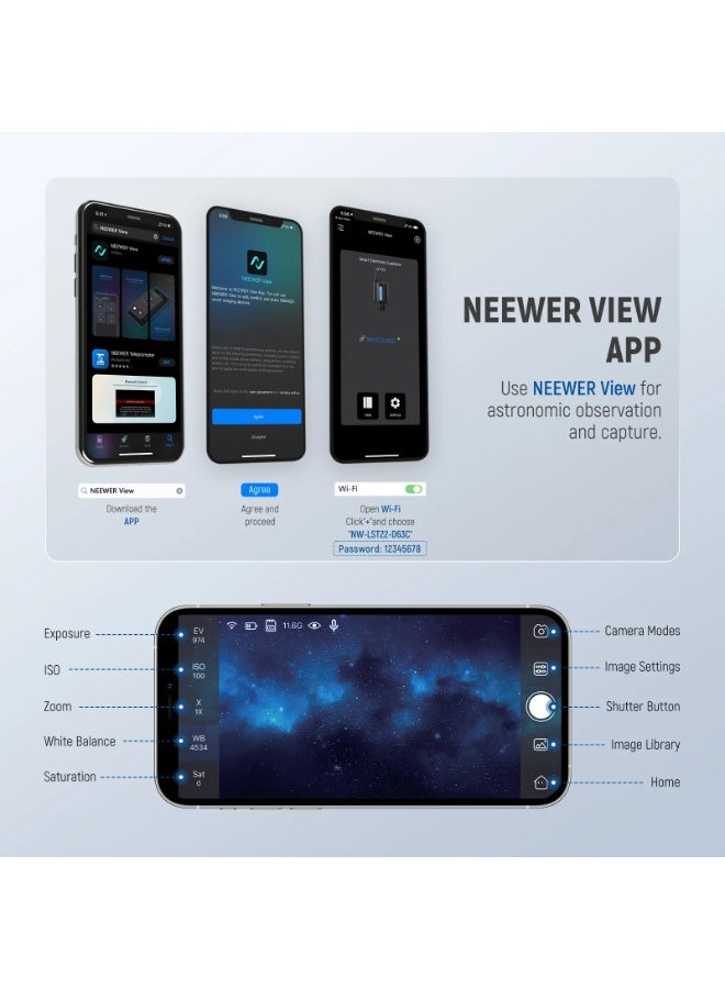 Neewer NEEWER 1.25" WiFi Digital Eyepiece for Telescope, 2MP HD Astronomy Camera Eyepiece with Wireless Connection to Phone & Tablet, Supports 1080P Video, 16MP Photo, TF Card Storage, 1900mAh Battery  - Image 3