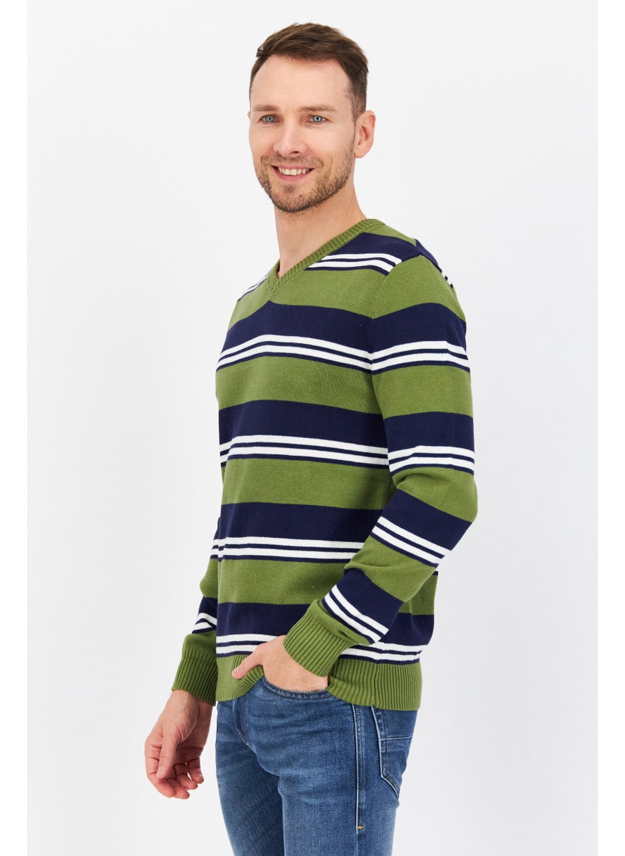 Club Room - Men V-neck Stripe Long Sleeves Sweaters, Olive Combo - Image 1