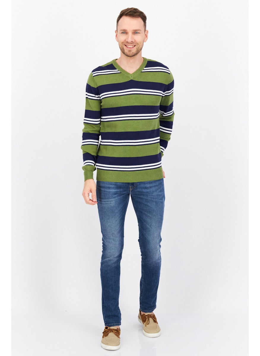 Club Room - Men V-neck Stripe Long Sleeves Sweaters, Olive Combo - Image 1