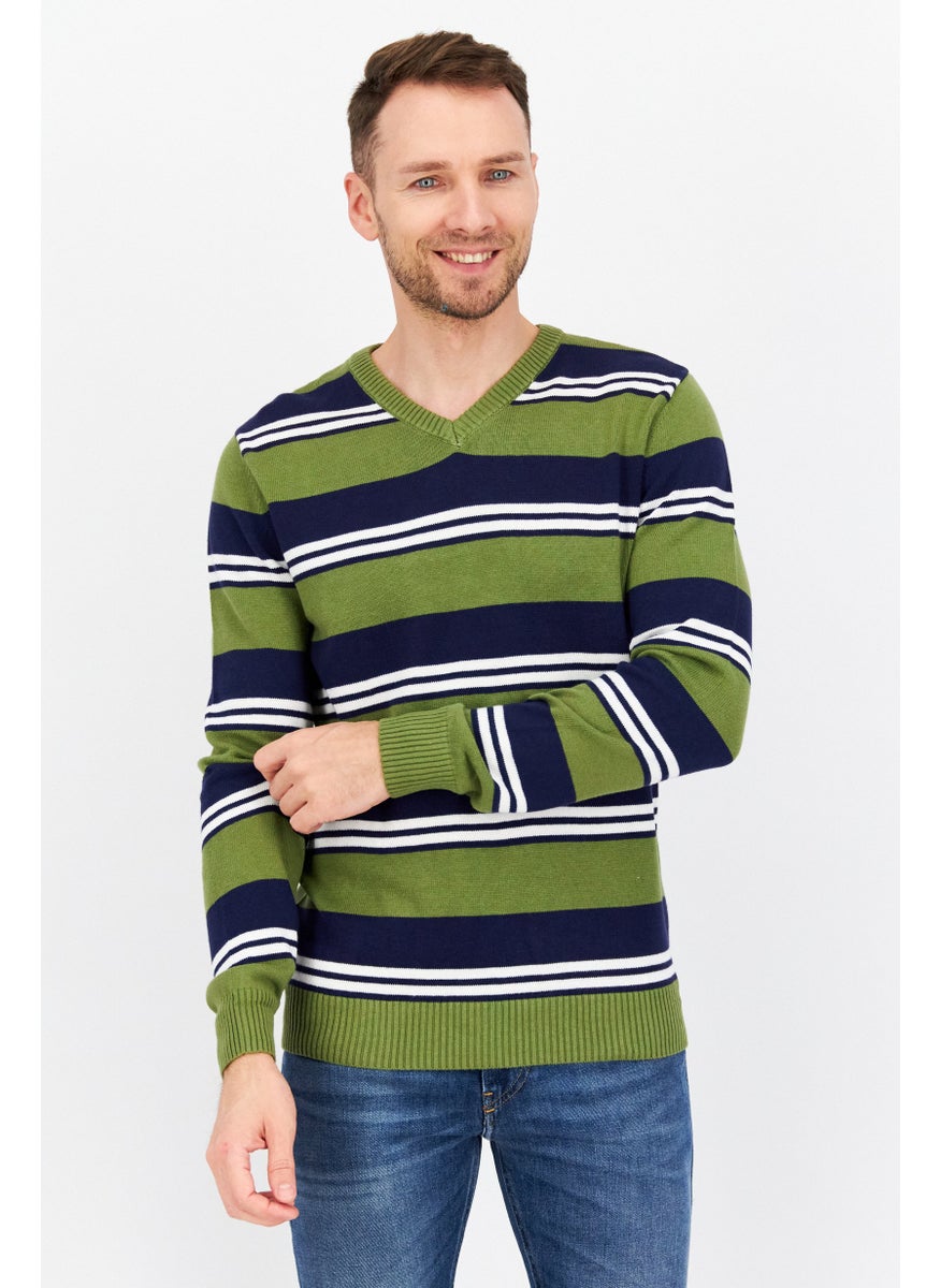 Club Room - Men V-neck Stripe Long Sleeves Sweaters, Olive Combo - Image 1