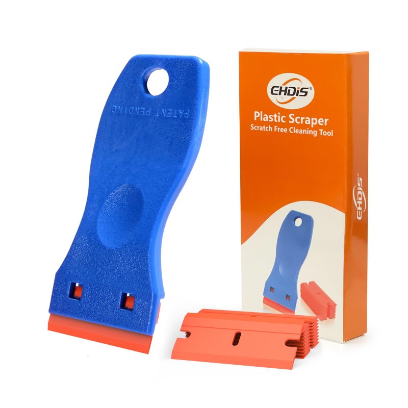 EHDIS 1.5" Plastic Razor Scraper with 10pcs Double Edged Plastic Blades Plastic Scraper Tool for Adhesive Remover,Removing Labels Stickers Decals Taping on Glass Windows (Blue) - Image 1