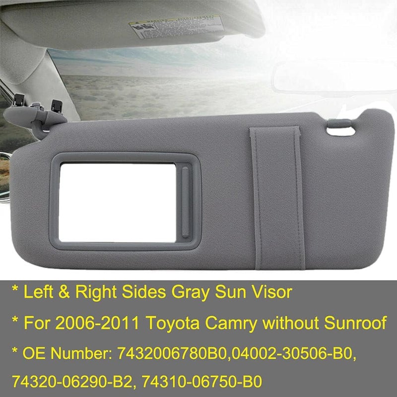 Left & Right Sides Gray Sun Visor Compatible with 2006 2007 2008 2009 2010 2011 Toyota Camry Without Sunroof Replace OE # 04002-30506-B0, 7432006780B0,74320-06290-B2,74310-06750-B0 - Image 2