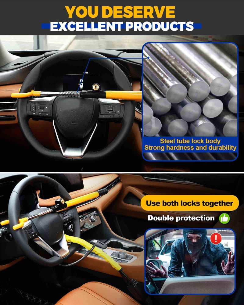 Tevlaphee Steering Wheel Lock - Anti Theft Device with Adjustable Car Wheel Lock, 3 Keys (Yellow) - Image 4