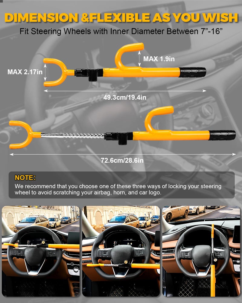 Tevlaphee Steering Wheel Lock - Anti Theft Device with Adjustable Car Wheel Lock, 3 Keys (Yellow) - Image 2