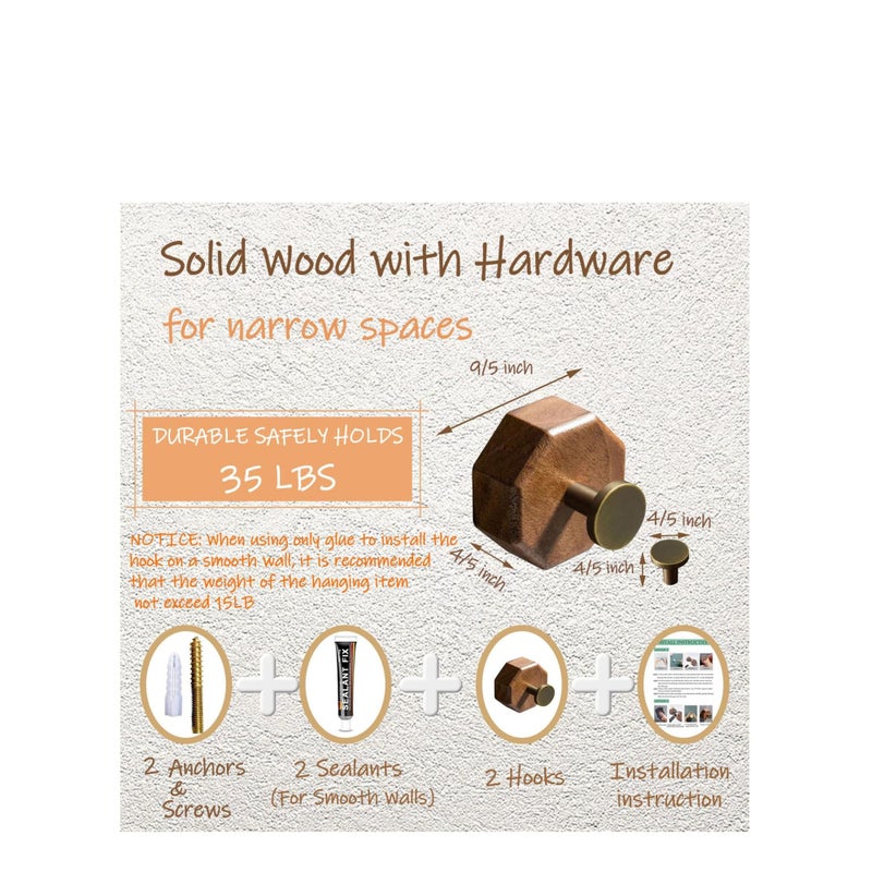 Zikra Decorative Wooden Wall Adhesive Hooks Heavy Duty and Small Black Walnut Wood Farmhouse Coat Hook Wall Mounted with Glue & Nails for Hanging Clothes PurseKey Hat - Image 3