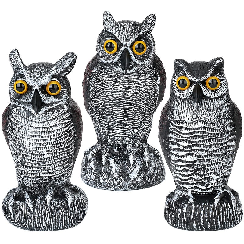 Ruolan 3-Pack Owl Decoys for Bird Deterrent - Weatherproof Bird Repellent Devices for Outdoor Use - Plastic Owls to Scare Birds Away and Control Garden Pests - Image 1
