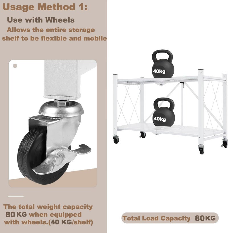 Bentifar 2 Tier Thickened Foldable Storage Rack with Wheels,No Assembly,Large Capacity Shelves,Heavy-Duty Metal Shelving Unit Rolling Cart for Garage, Kitchen, Basement, Pantry(White, 2-Tier) - Image 3
