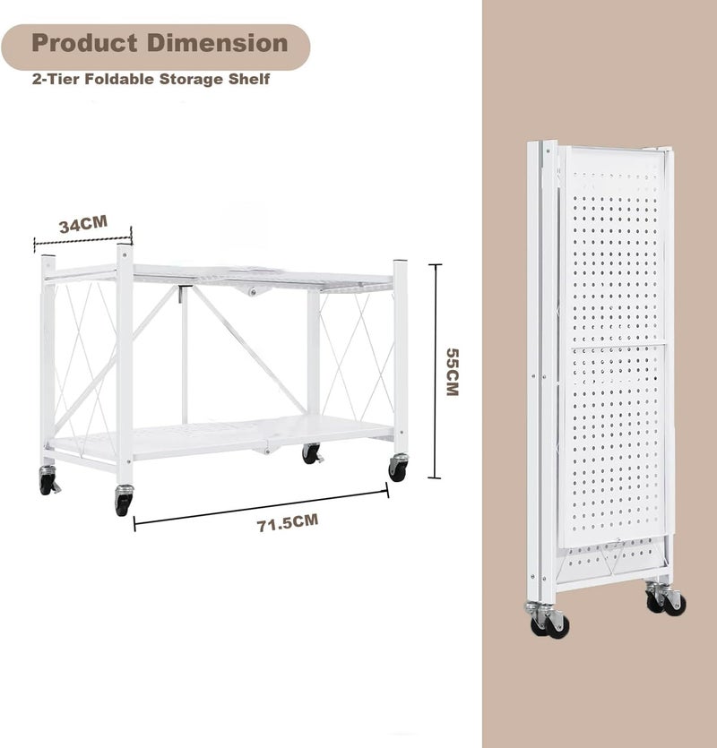 Bentifar 2 Tier Thickened Foldable Storage Rack with Wheels,No Assembly,Large Capacity Shelves,Heavy-Duty Metal Shelving Unit Rolling Cart for Garage, Kitchen, Basement, Pantry(White, 2-Tier) - Image 2