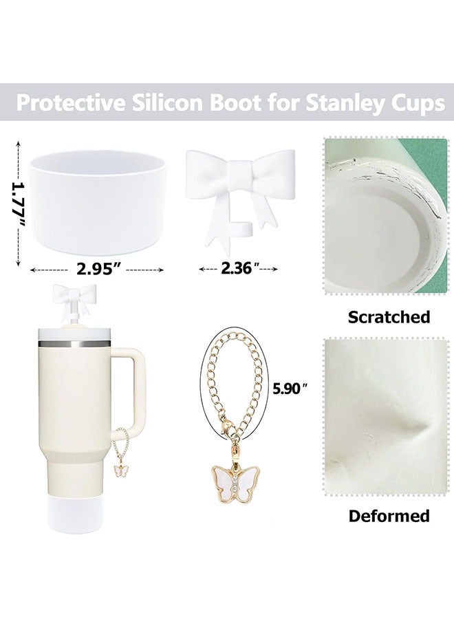 Arabest Stanley Cup Accessories Set, Cute White Bow Straw Cover Toppers for Stanley Cup 30/40oz Tumble, Metal White Butterfly Chain, Silicone White Stanley Cup Boot (White)  - Image 2
