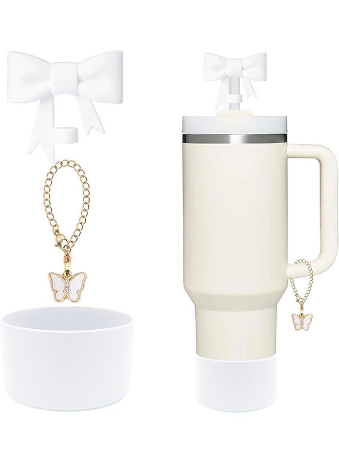Arabest Stanley Cup Accessories Set, Cute White Bow Straw Cover Toppers for Stanley Cup 30/40oz Tumble, Metal White Butterfly Chain, Silicone White Stanley Cup Boot (White)  - Image 1