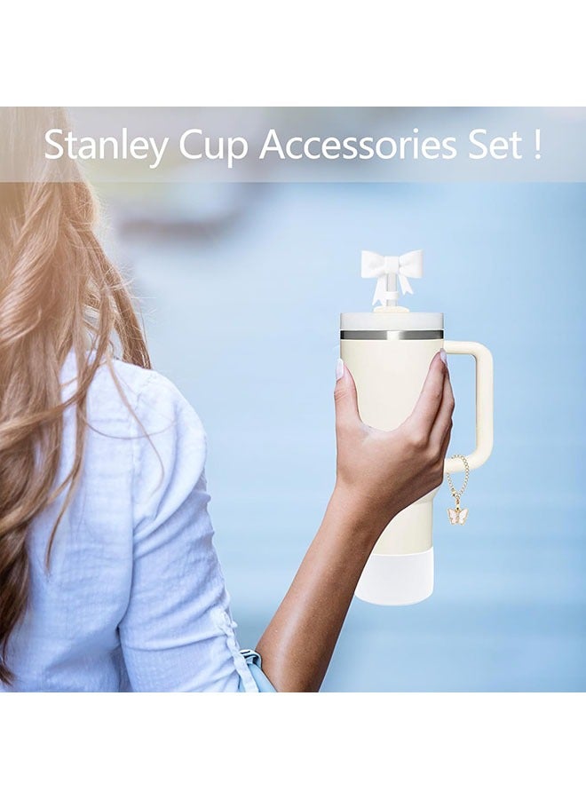 Arabest Stanley Cup Accessories Set, Cute White Bow Straw Cover Toppers for Stanley Cup 30/40oz Tumble, Metal White Butterfly Chain, Silicone White Stanley Cup Boot (White)  - Image 4