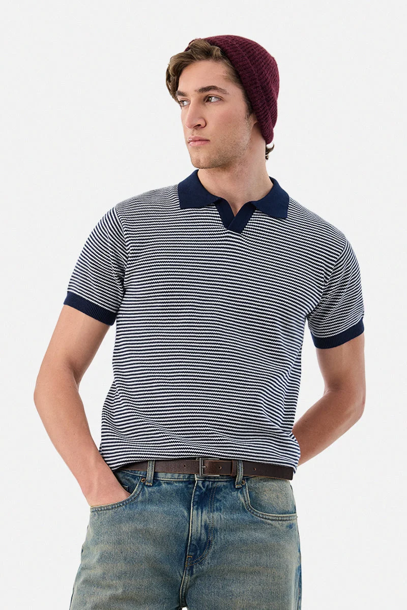 سنيتش Flat Knit Stripes Polo T-Shirt