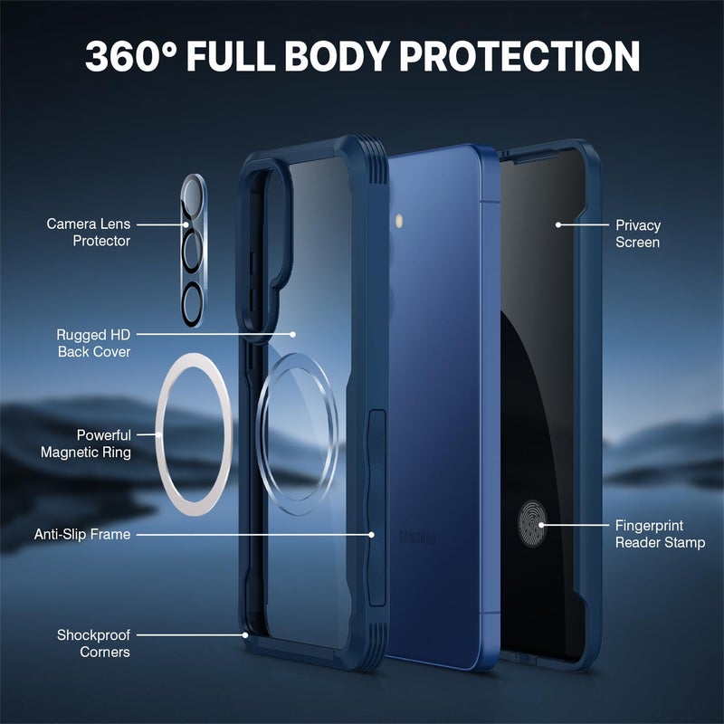 CENHUFO Magnetic Privacy for Samsung Galaxy S25 Case, Full Body Phone Case with Built-in 9H Tempered Glass Privacy Screen Protector and Camera Lens Cover, Shockproof Protective Clear Bumper -Blue - Image 3