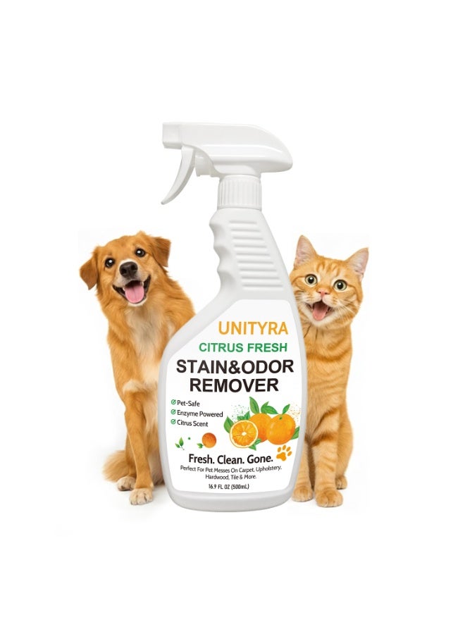 يونيترا بخاخ مزيل روائح الحيوانات الأليفة - مزيل بقع وروائح برائحة الحمضيات للكلاب والقطط | يزيل رائحة البول ورائحة صندوق الفضلات | مزيل بقع وروائح الحيوانات الأليفة لأرضيات المنزل والسجاد والأثاث وأماكن إيواء الحيوانات الأليفة 500 مل - Image 1