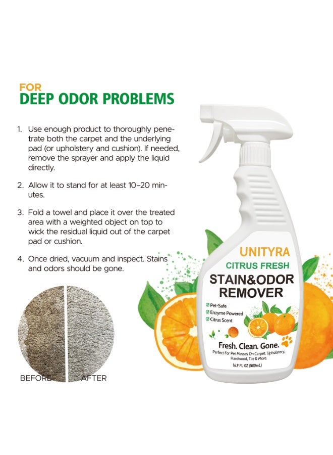 يونيترا بخاخ مزيل روائح الحيوانات الأليفة - مزيل بقع وروائح برائحة الحمضيات للكلاب والقطط | يزيل رائحة البول ورائحة صندوق الفضلات | مزيل بقع وروائح الحيوانات الأليفة لأرضيات المنزل والسجاد والأثاث وأماكن إيواء الحيوانات الأليفة 500 مل - Image 2