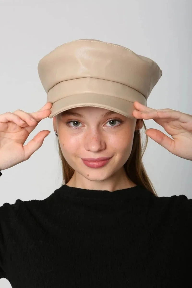 REMSA Women's Leather Captain Sailor Hat Rkş-09 Beige