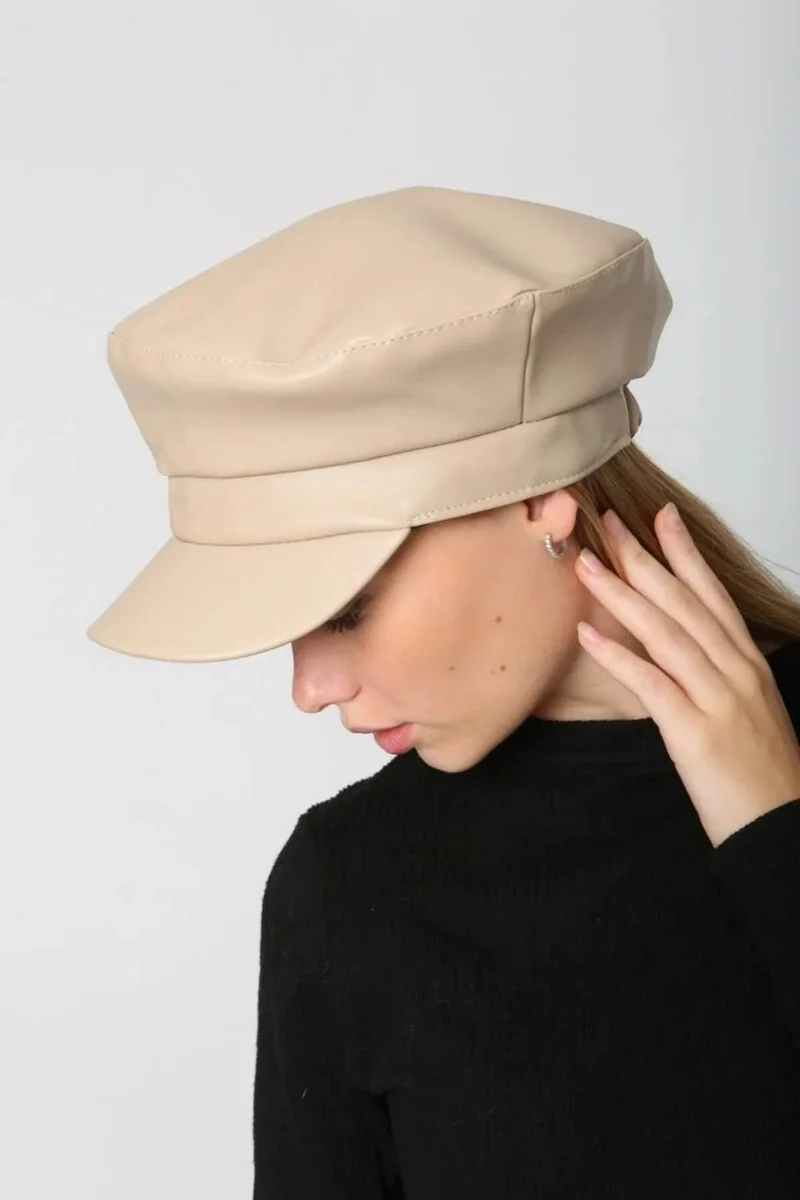 REMSA Women's Leather Captain Sailor Hat Rkş-09 Beige