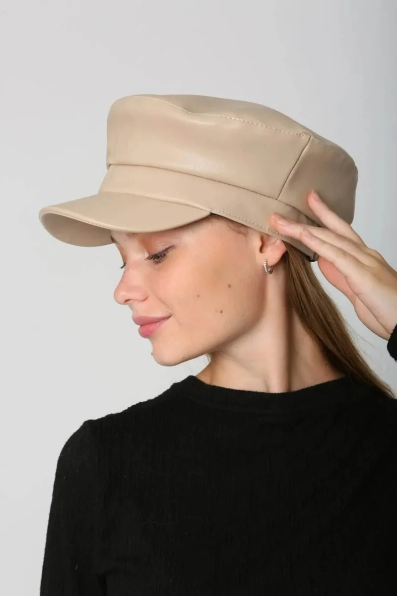 REMSA Women's Leather Captain Sailor Hat Rkş-09 Beige