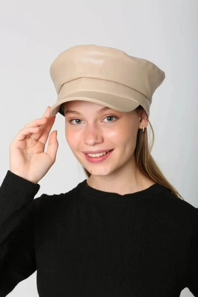 REMSA Women's Leather Captain Sailor Hat Rkş-09 Beige