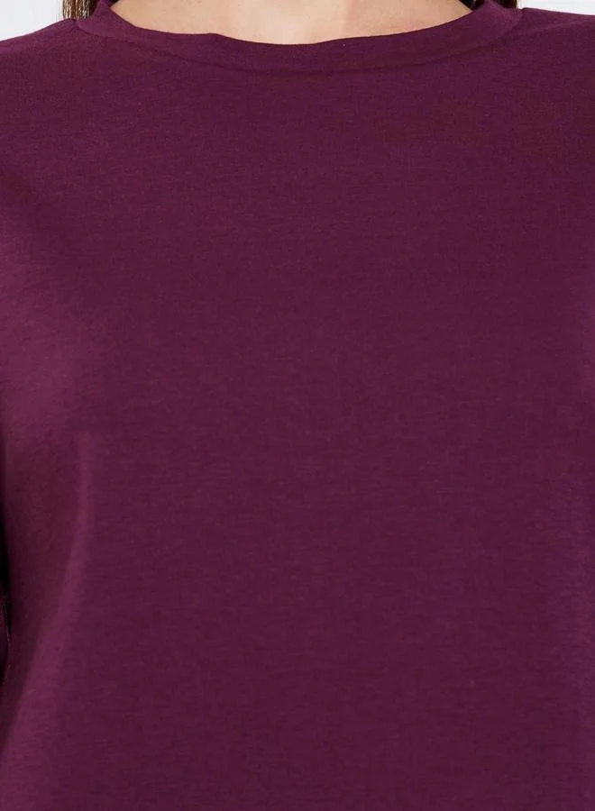 Styli Burgundy Solid Drop Shoulder Long Sleeve Top and Cuffed Pyjama Set for Women | Best Price UAE