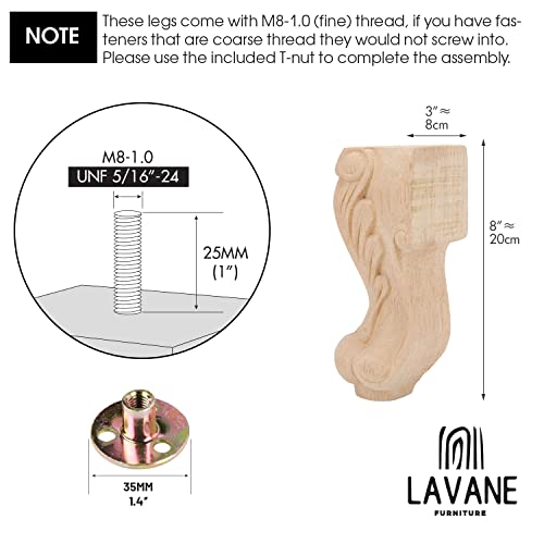 La Vane 8 inch / 20cm Wooden Furniture Legs, Set of 4 European Style Solid Wood Carving Furniture Replacement Feet Decoration for Sofa Cabinet Wardrobe Table Loveseat - Image 4