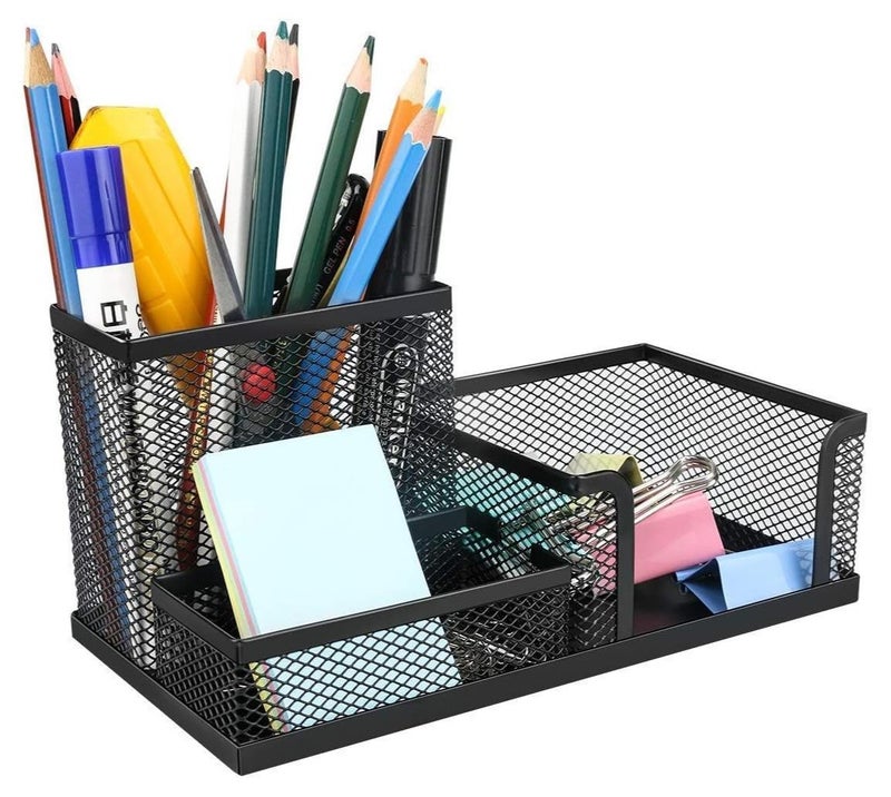 حامل أقلام شبكي معدني لسطح المكتب منظم تخزين الإكسسوارات والمنزل والمدرسة بطاقات  لون أسود 3 أقسام - Image 1