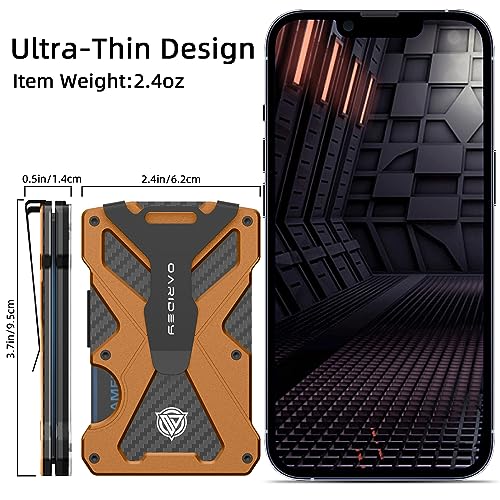 Oaridey Minimalist Wallet for Men- Slim Aluminum Metal Money Clip Wallet with Clear ID Card Holder, Carbon Fiber Wallet, RFID Blocking,Holds up 15 Cards with Cash Clip,Ultra-Thin Tactical Wallet- Orange - Image 3