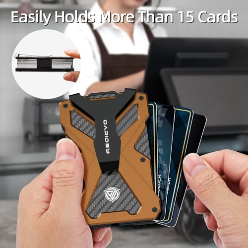 Oaridey Minimalist Wallet for Men- Slim Aluminum Metal Money Clip Wallet with Clear ID Card Holder, Carbon Fiber Wallet, RFID Blocking,Holds up 15 Cards with Cash Clip,Ultra-Thin Tactical Wallet- Orange - Image 5