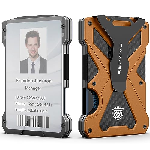 Oaridey Minimalist Wallet for Men- Slim Aluminum Metal Money Clip Wallet with Clear ID Card Holder, Carbon Fiber Wallet, RFID Blocking,Holds up 15 Cards with Cash Clip,Ultra-Thin Tactical Wallet- Orange - Image 1