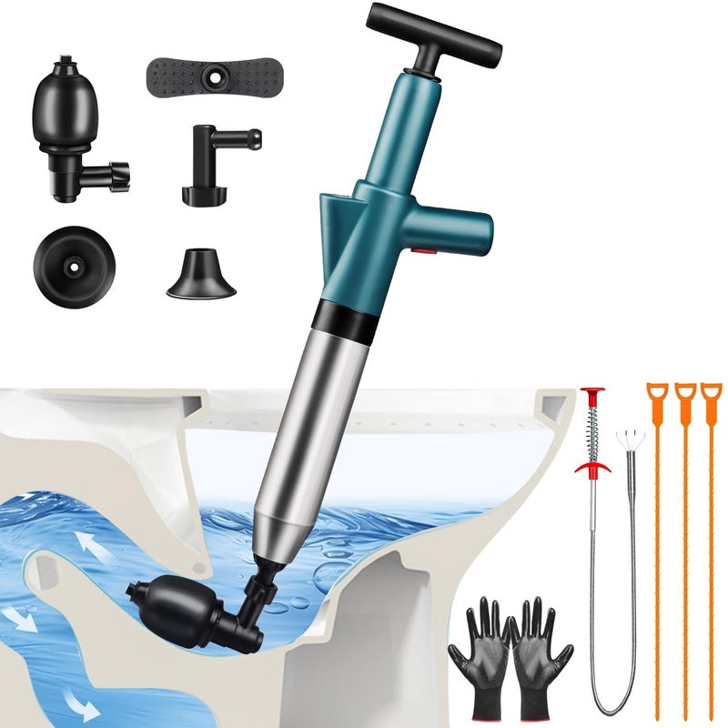 Omont Toilet Plunger Drain Clog Remover: High Pressure Air Drainage Blaster Gun Clog Remover Tool- Stainless Steel Air Plunger for Bathroom, Sink, Floor, Kitchen Clogged - Image 1