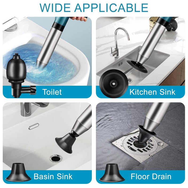 Omont Toilet Plunger Drain Clog Remover: High Pressure Air Drainage Blaster Gun Clog Remover Tool- Stainless Steel Air Plunger for Bathroom, Sink, Floor, Kitchen Clogged - Image 5