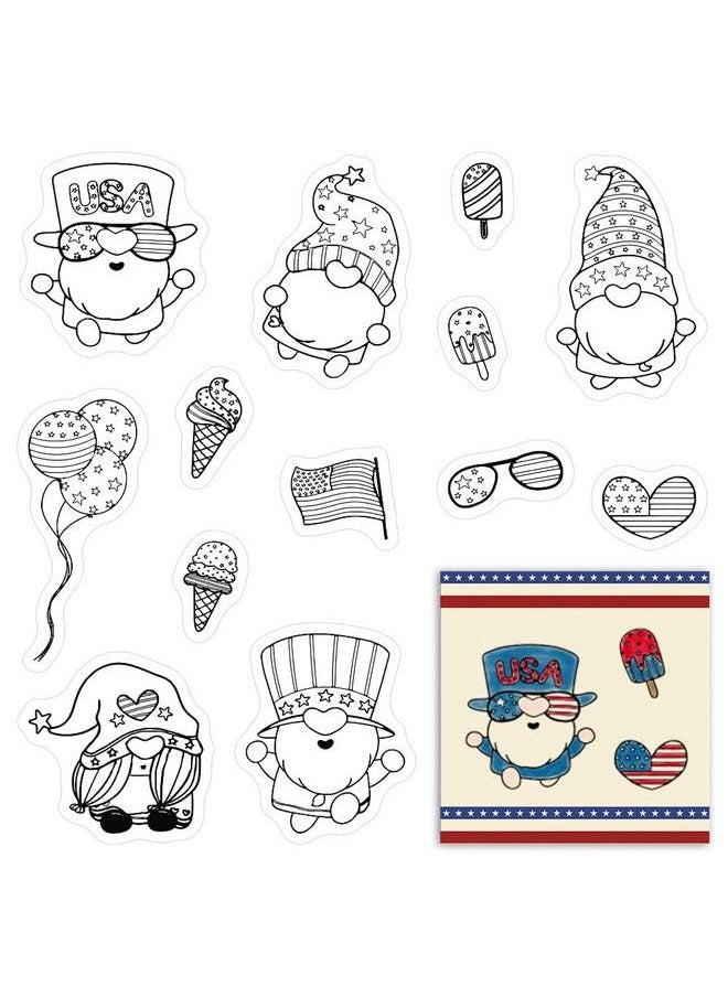 ALIBBON - 4Th Of July Patriotic Gnomes Clear Stamps For Card Making And Photo Album Decorations American Flag Gnome Balloon Heart Transparent Silisone Rubber Stamps For Crafts And Diy Scrapbooking - Image 1