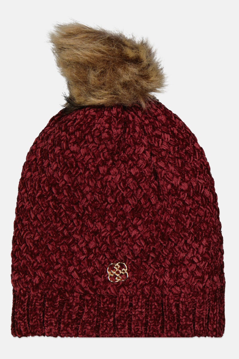 Daisy Fuentes Women Knitted Pompom Beanie, Maroon - Image 1