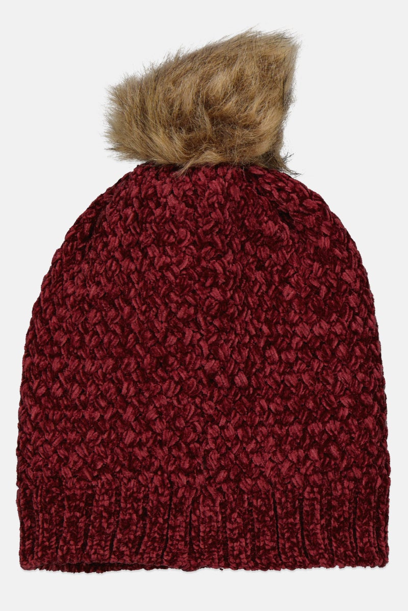 Daisy Fuentes Women Knitted Pompom Beanie, Maroon - Image 2