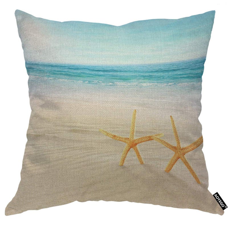 AOYEGO Beach Starfishes Throw Pillow Cover Shore Sky Summer Vacation Bay Calm Coast Ocean Horizon Pillow Case 18x18 Inch Decorative Men Women Room Cushion Cover for Home Couch Bed - Image 1