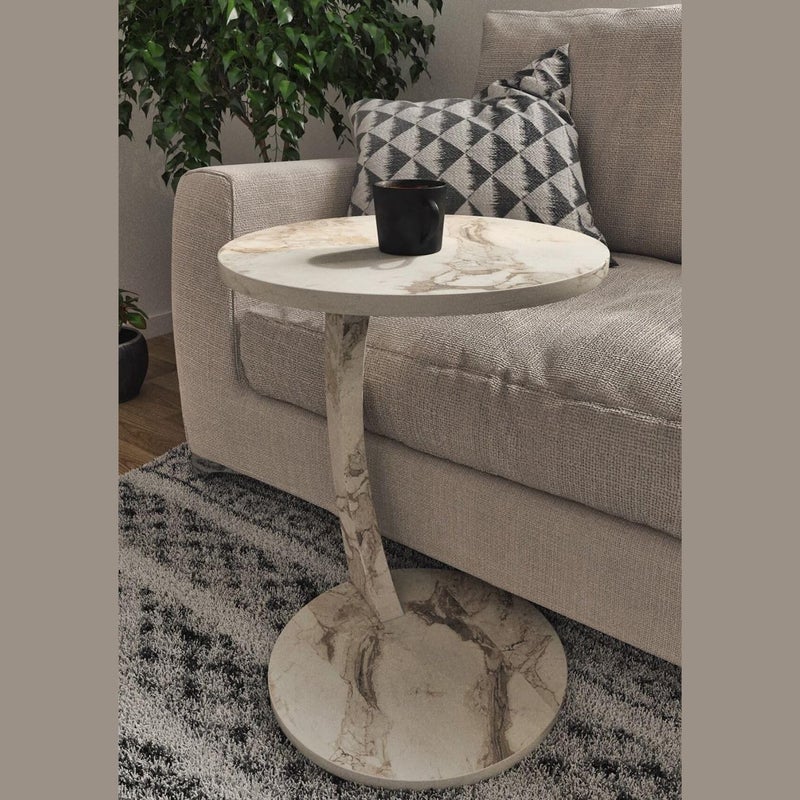Furpinea C Shaped End Table for Couch Small Places, Faux Marble Engineered Wood Space Saver Round Side Table for Sofa and Bedside with Wheels, Coffee and Snack Time Tray for Living Room (White Marble) - Image 3