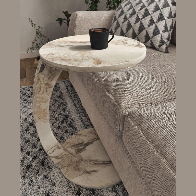Furpinea C Shaped End Table for Couch Small Places, Faux Marble Engineered Wood Space Saver Round Side Table for Sofa and Bedside with Wheels, Coffee and Snack Time Tray for Living Room (White Marble) - Image 4