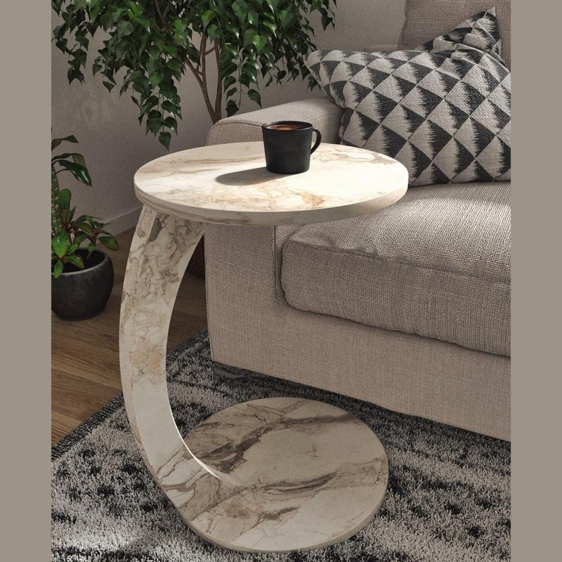 Furpinea C Shaped End Table for Couch Small Places, Faux Marble Engineered Wood Space Saver Round Side Table for Sofa and Bedside with Wheels, Coffee and Snack Time Tray for Living Room (White Marble) - Image 2
