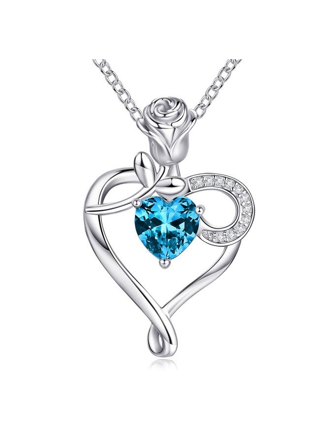 NINAMAID 925 Sterling Silver Birthstone Necklace For Women Heart Necklace With Rose Flower Mom Birthday Gifts For Mom - Image 1