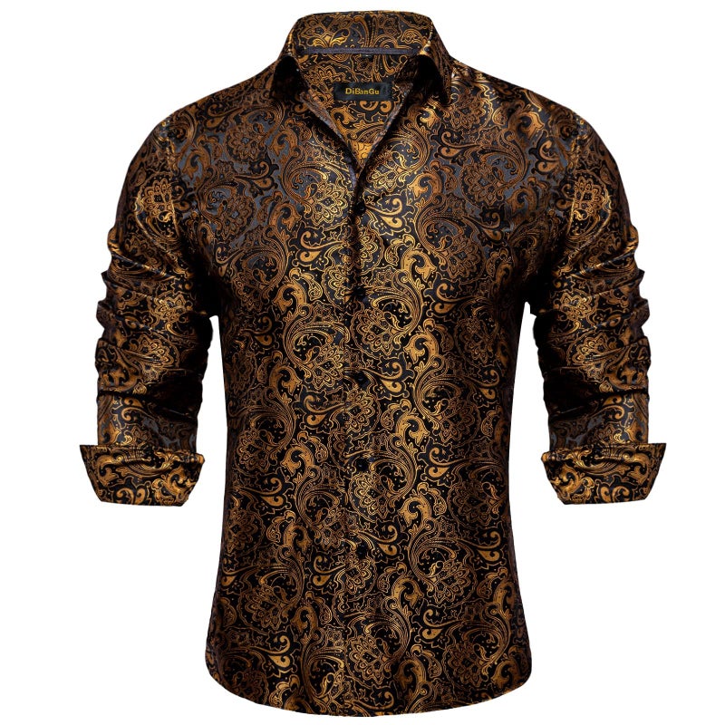 DiBanGu Mens Silk Paisley Dress Shirts,Long Sleeve Button Down Shirt Casual Regular Fit Shirt for Men Wedding Party, Gold Black, Medium - Image 1
