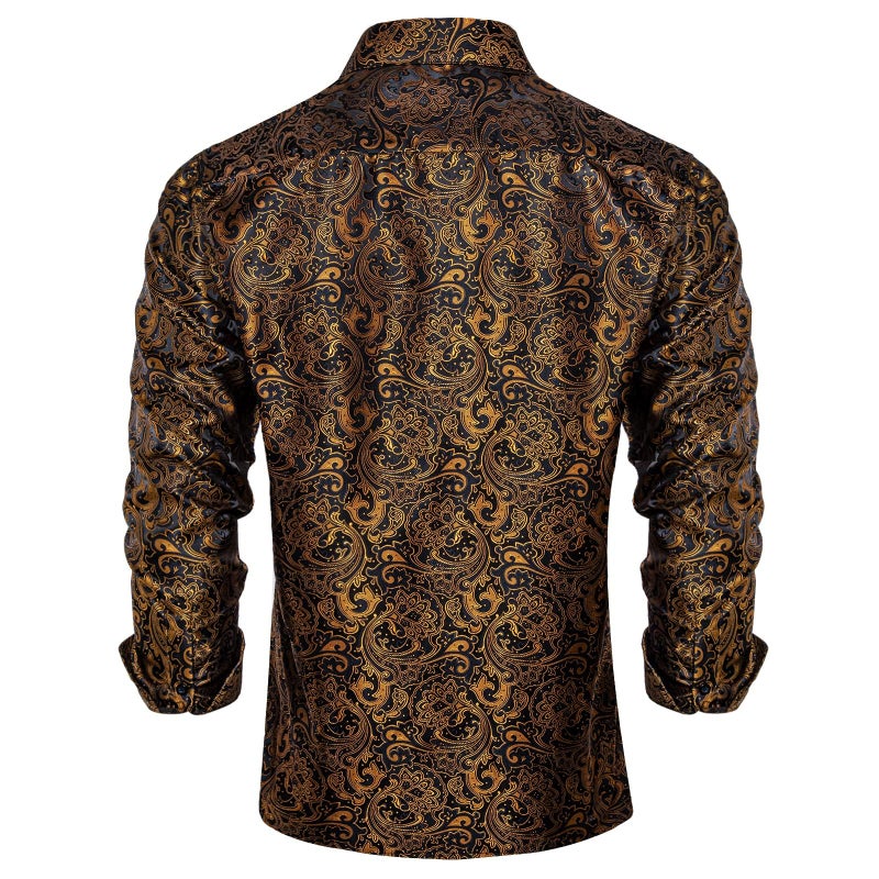 DiBanGu Mens Silk Paisley Dress Shirts,Long Sleeve Button Down Shirt Casual Regular Fit Shirt for Men Wedding Party, Gold Black, Medium - Image 3