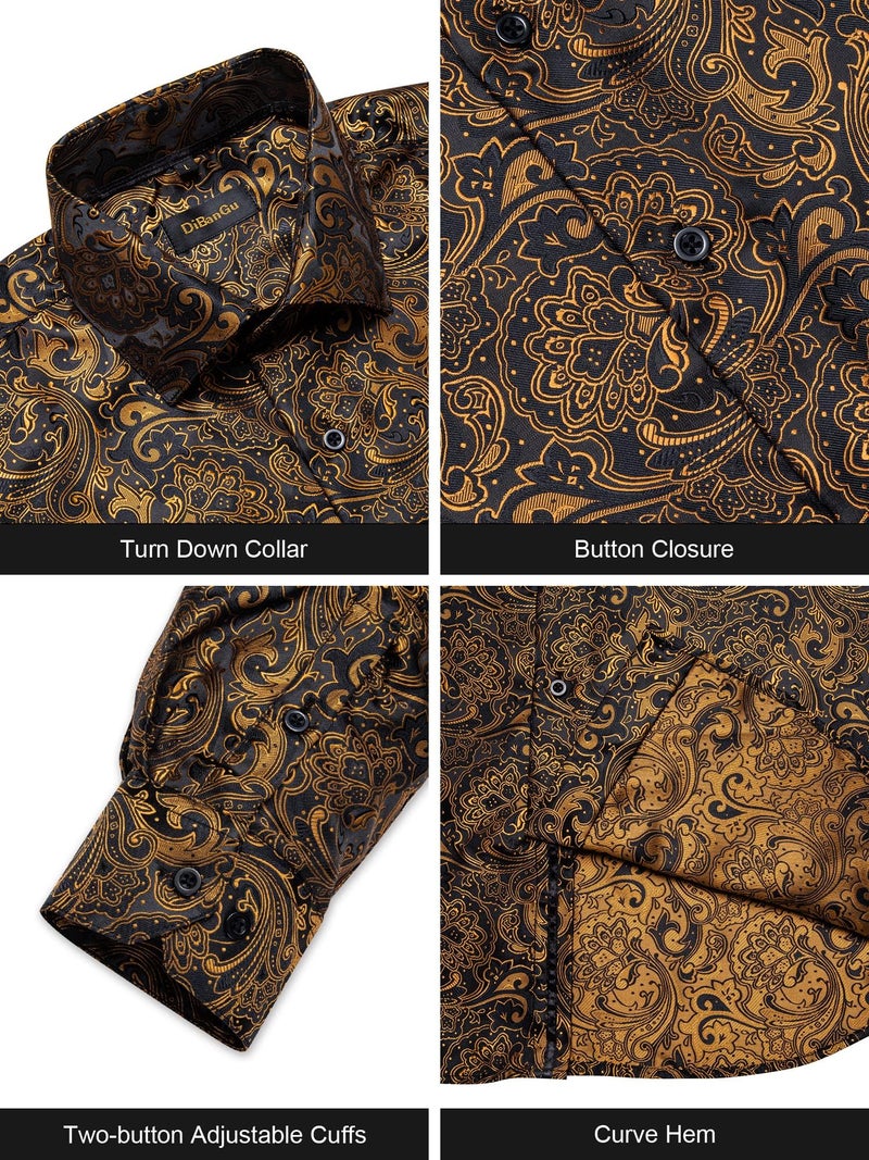 DiBanGu Mens Silk Paisley Dress Shirts,Long Sleeve Button Down Shirt Casual Regular Fit Shirt for Men Wedding Party, Gold Black, Medium - Image 4