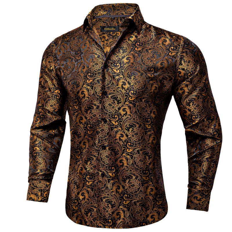 DiBanGu Mens Silk Paisley Dress Shirts,Long Sleeve Button Down Shirt Casual Regular Fit Shirt for Men Wedding Party, Gold Black, Medium - Image 2