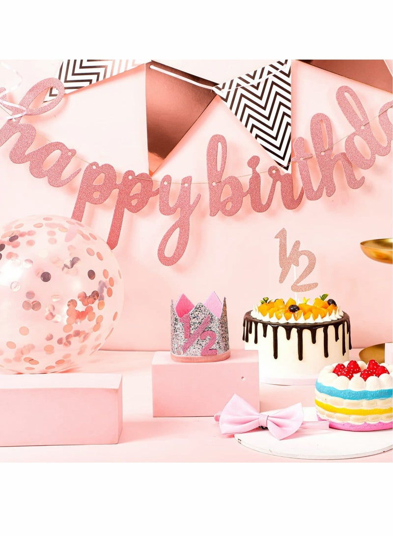 كابتن تيك 31 Piece Rose Gold Half Birthday Decoration Set for Baby Girls with Happy Birthday Banner Crown Hat Balloons Cake Topper and Triangle Flags - Image 3