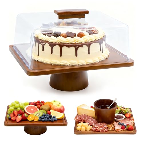 welsteepse Wood Cake Stand with Lid, Rectangular Cake Holder, 2-in-1 Dessert Table Display Set & Charcuterie Board for Cheese, Cake Fruit Display Server Tray for Kitchen, Birthday, Weddings - Footed - Image 1