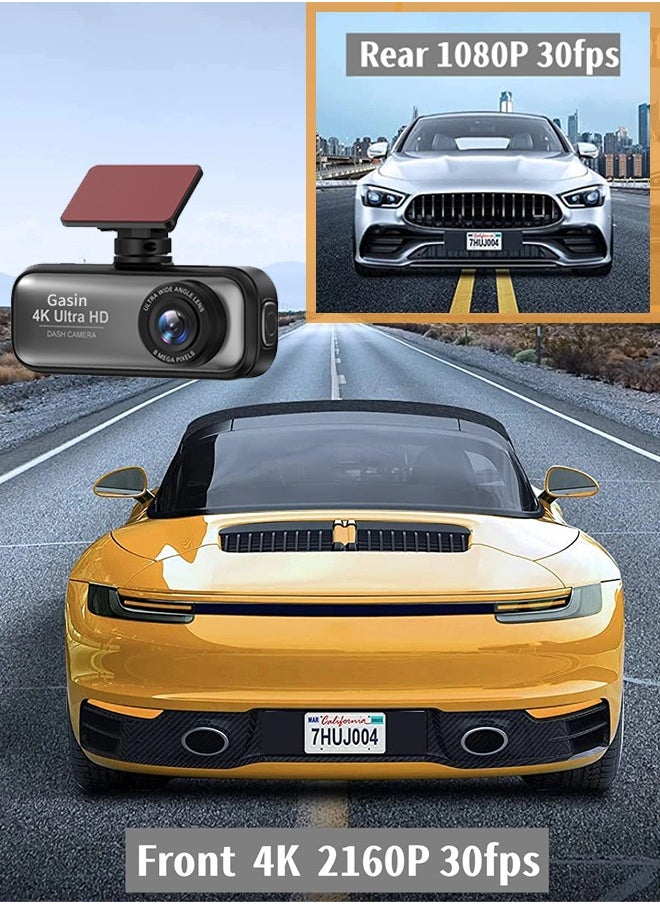 غاز - مجموعة كاميرا لوحة القيادة فائقة الدقة 4K، كاميرا أمامية بدقة 4K + كاميرا خلفية بدقة 1080 بكسل، مع بطاقة SD سعة 64 جيجابايت ووحدة GPS، وشبكة WiFi مدمجة، وتطبيق سهل الاتصال - Image 1