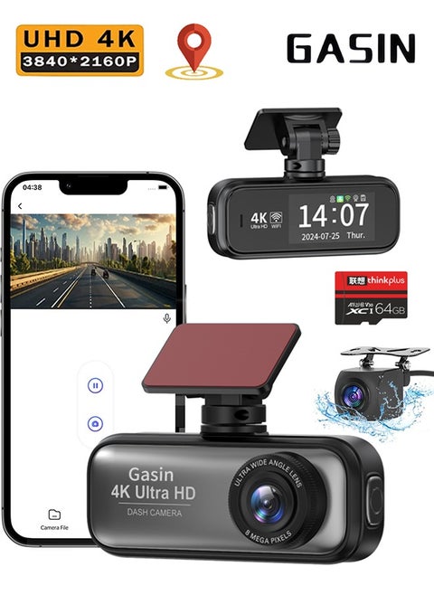 مجموعة كاميرا لوحة القيادة فائقة الدقة 4K، كاميرا أمامية بدقة 4K + كاميرا خلفية بدقة 1080 بكسل، مع بطاقة SD سعة 64 جيجابايت ووحدة GPS، وشبكة WiFi مدمجة، وتطبيق سهل الاتصال