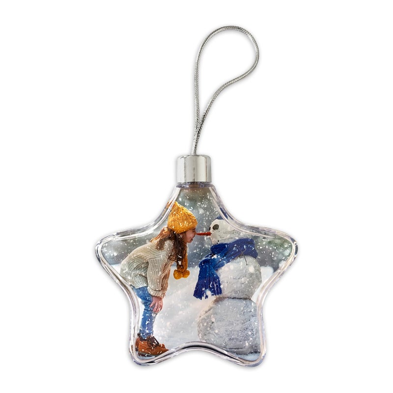Christmas Bauble Star Decoration Photo Picture Ornament Medium Clear Silver Cap  String  Ideal for Personalised Stocking Fillers or Arts and Crafts Star