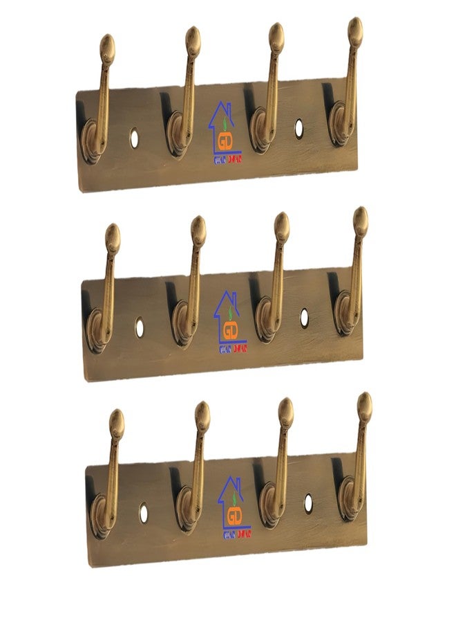 GHAR DWAR Stainless Steel Pin Cloth Hanger Wall Hooks Rail for Hanging Clothes Bathroom Wall Door for Hanging Keys Towel Silver Hook (4 Pin Brass Atiq, Pack of 3) - Image 1