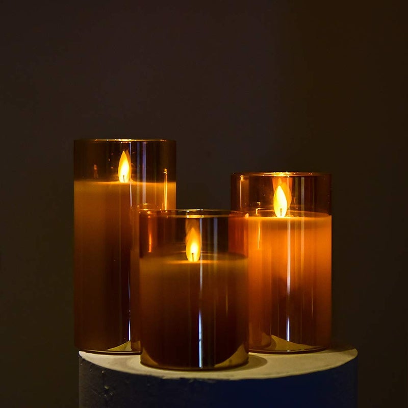 LTETTES Flameless LED Battery Powered Candles with Swiveling Wick Paraffin Wax Transparent Glass Pillar Cup Candle Set of 3 - 4" 5" 6" Height with Remote Controller for Home Decor Party Festival Wedding Decoration (Amber) - Image 3
